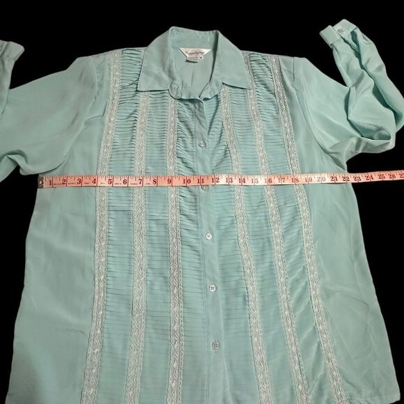 Vintage Susan Hutton Mint Green Pleat and lace detail long sleeve blouse size 14 - Picture 8 of 11